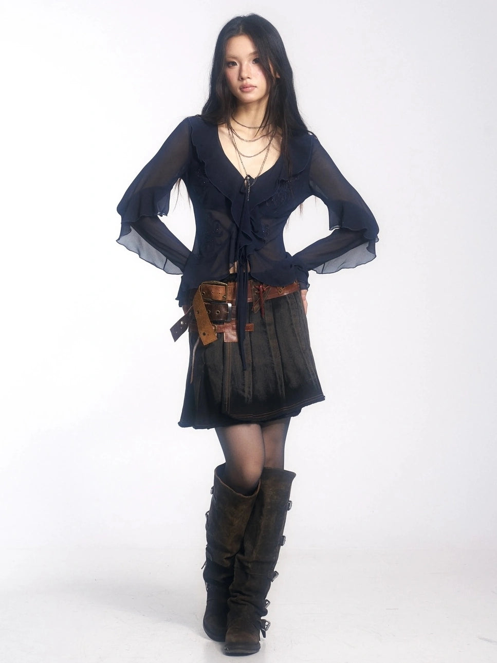 OPEN AESTHETIC Distressed Washed Cowhide Leather A Line Low Rise Women Vintage Black Mini Skirt