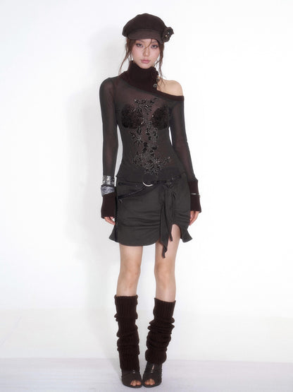 OPEN AESTHETIC Dyed Low Waist Eyelet Belt Pleated Knot A Line Women&