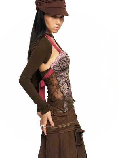 Embroidered Beaded Print Knit Halter Vest Two Piece Set