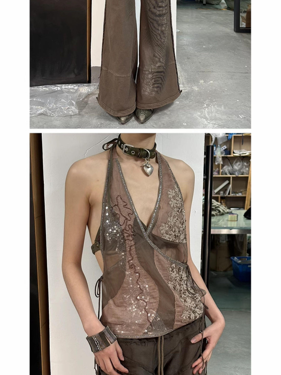 Update OPEN AESTHETIC Embroidered Mesh Halter Top With Patchwork
