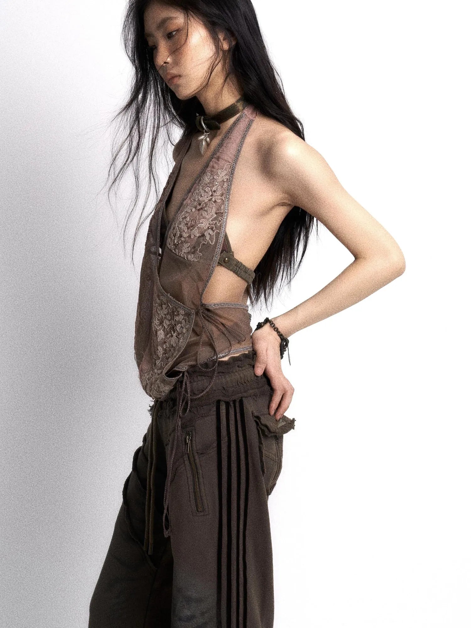 Embroidered Mesh Halter Top With Patchwork