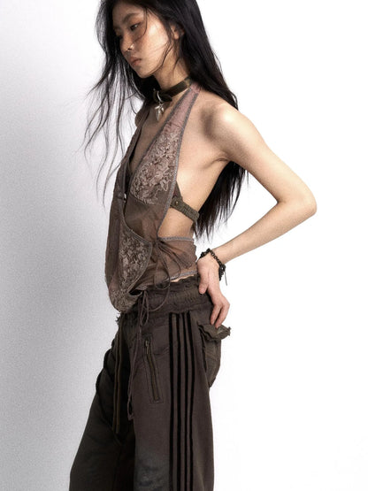 Embroidered Mesh Halter Top With Patchwork