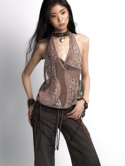 Embroidered Mesh Halter Top With Patchwork