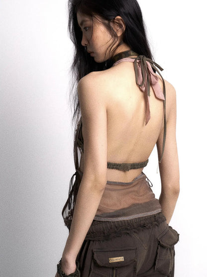 Embroidered Mesh Halter Top With Patchwork