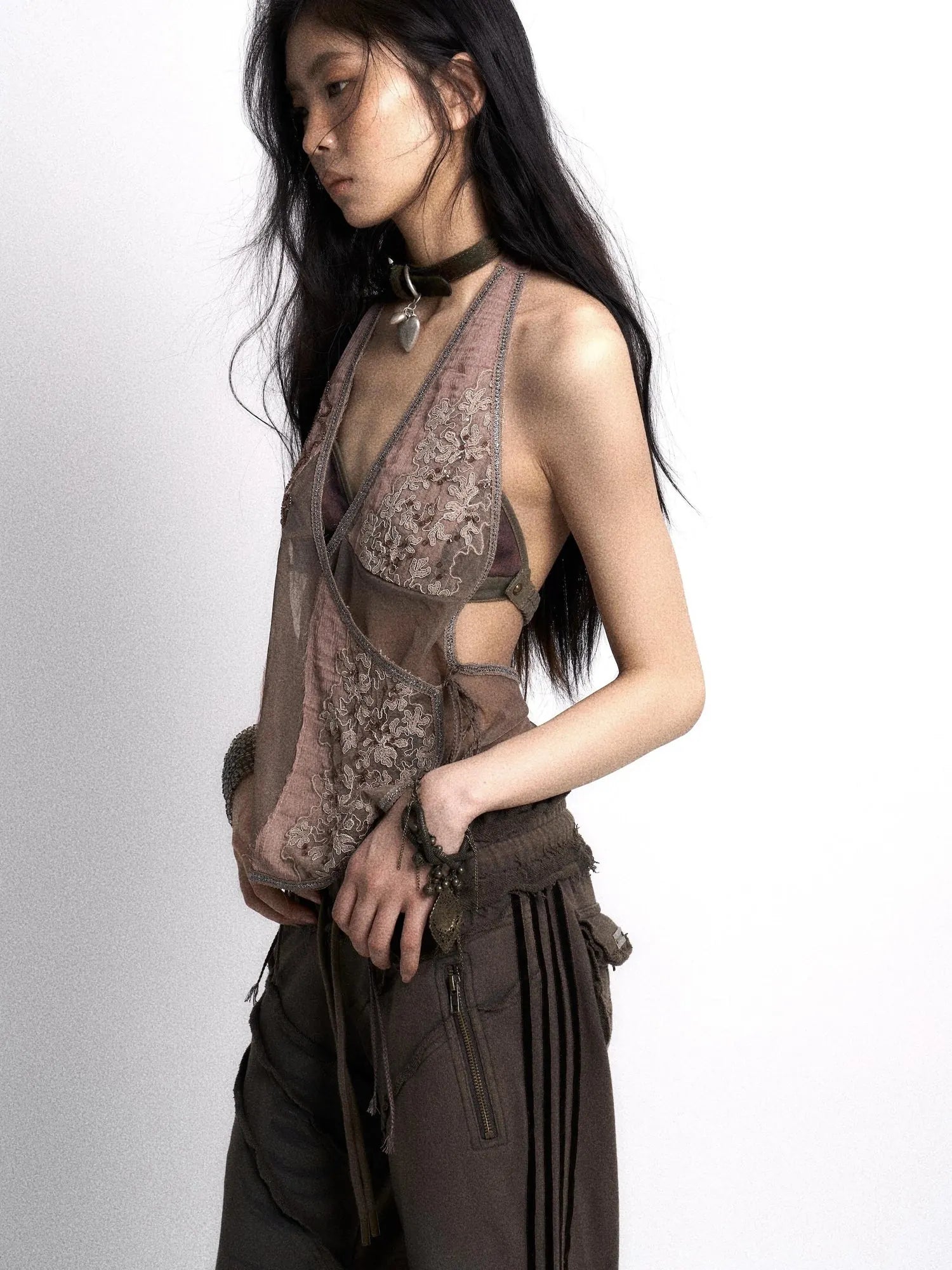 Embroidered Mesh Halter Top With Patchwork