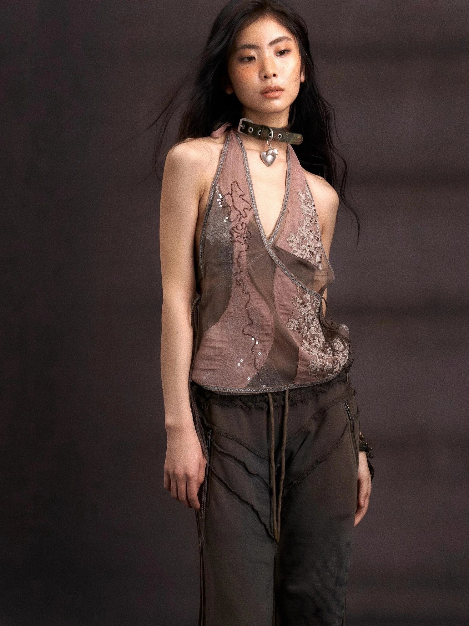 Embroidered Mesh Halter Top With Patchwork