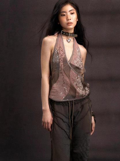 Embroidered Mesh Halter Top With Patchwork