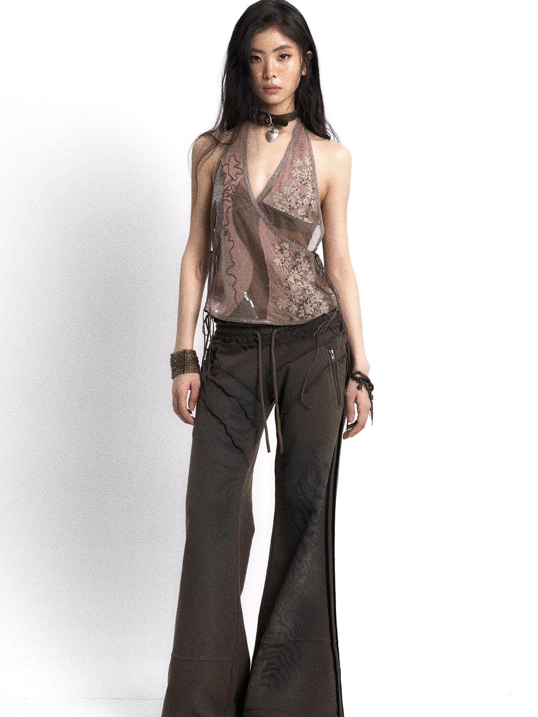 Update OPEN AESTHETIC Embroidered Mesh Halter Top With Patchwork