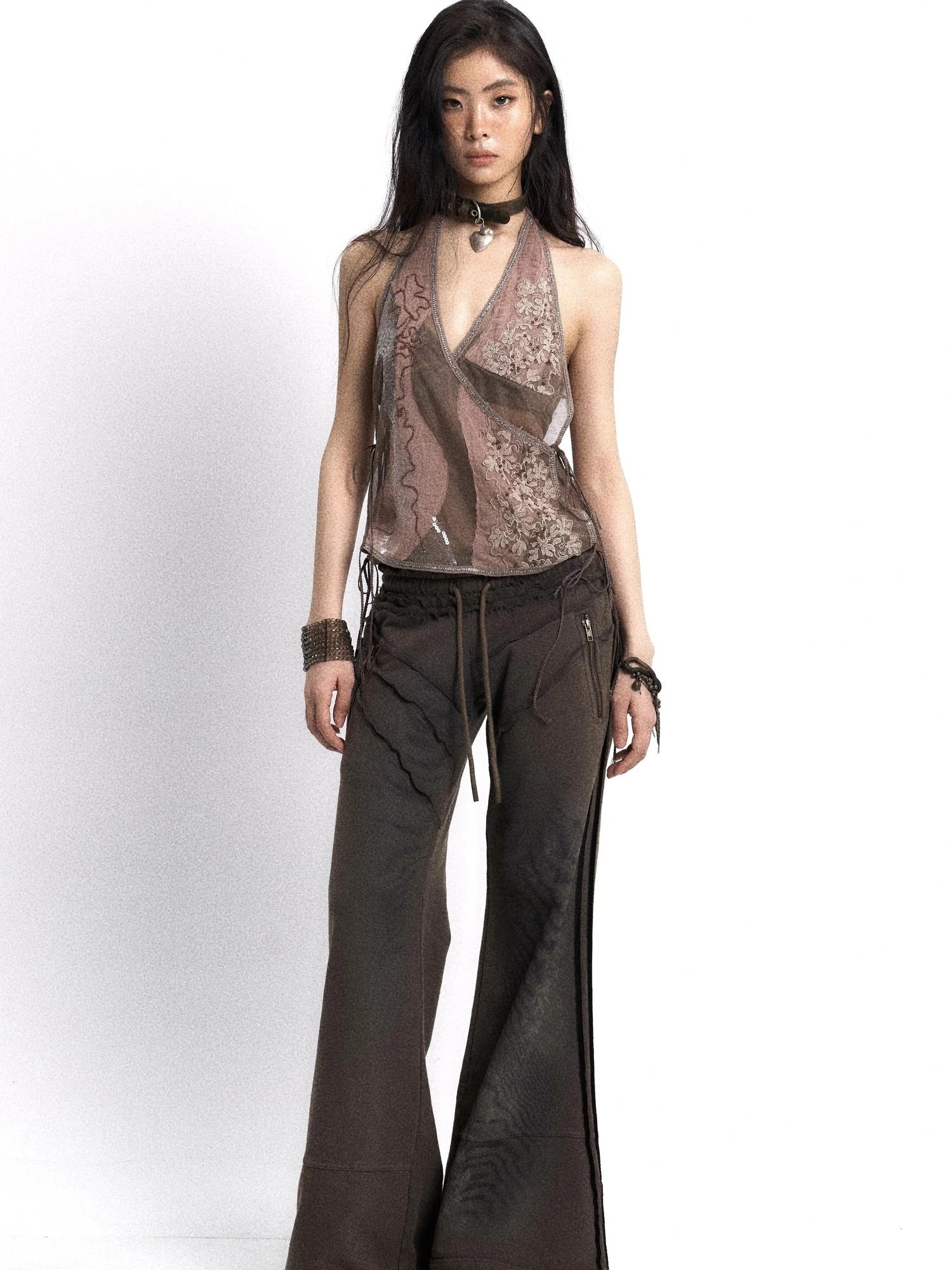 Embroidered Mesh Halter Top With Patchwork