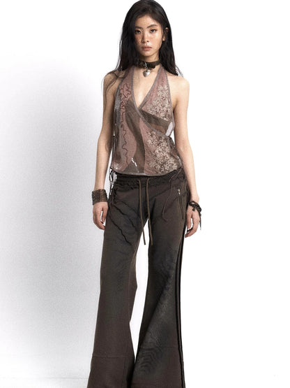 Embroidered Mesh Halter Top With Patchwork