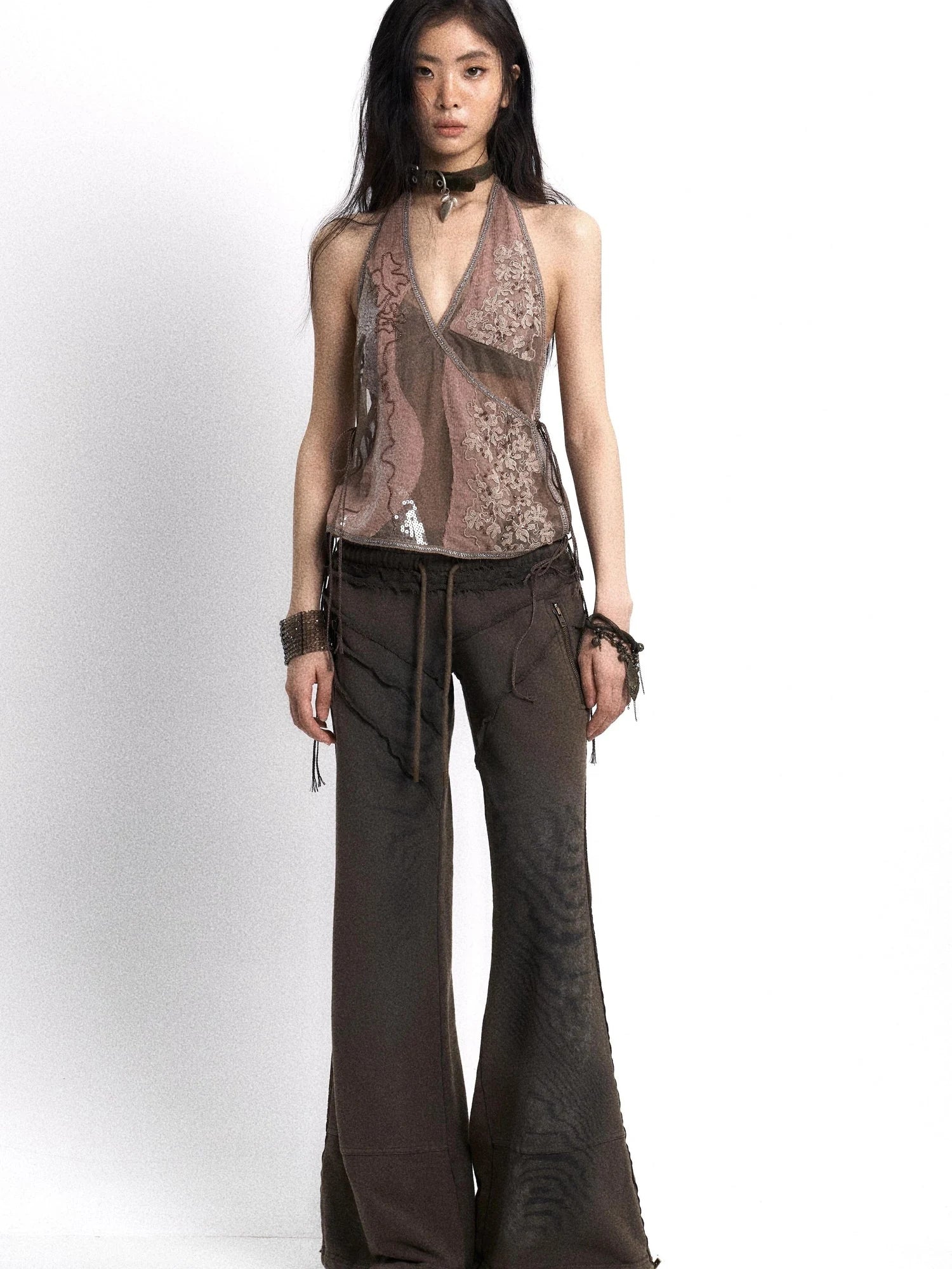 Embroidered Mesh Halter Top With Patchwork