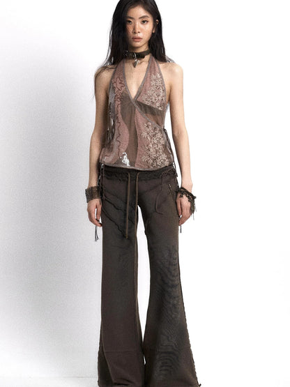 Embroidered Mesh Halter Top With Patchwork