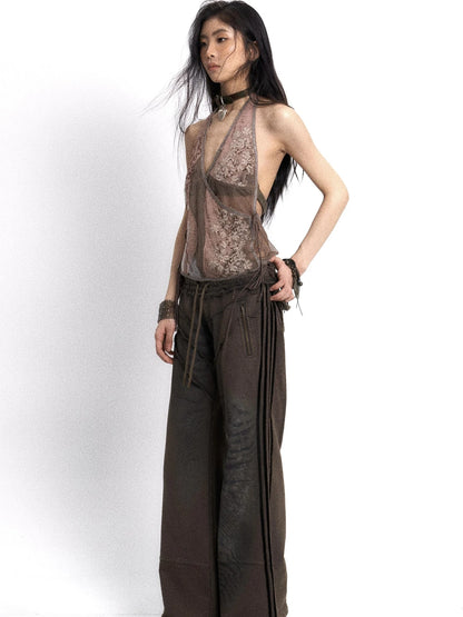 Embroidered Mesh Halter Top With Patchwork