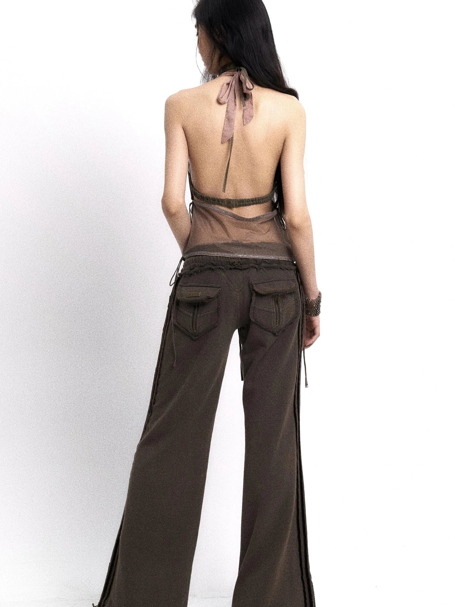 Embroidered Mesh Halter Top With Patchwork