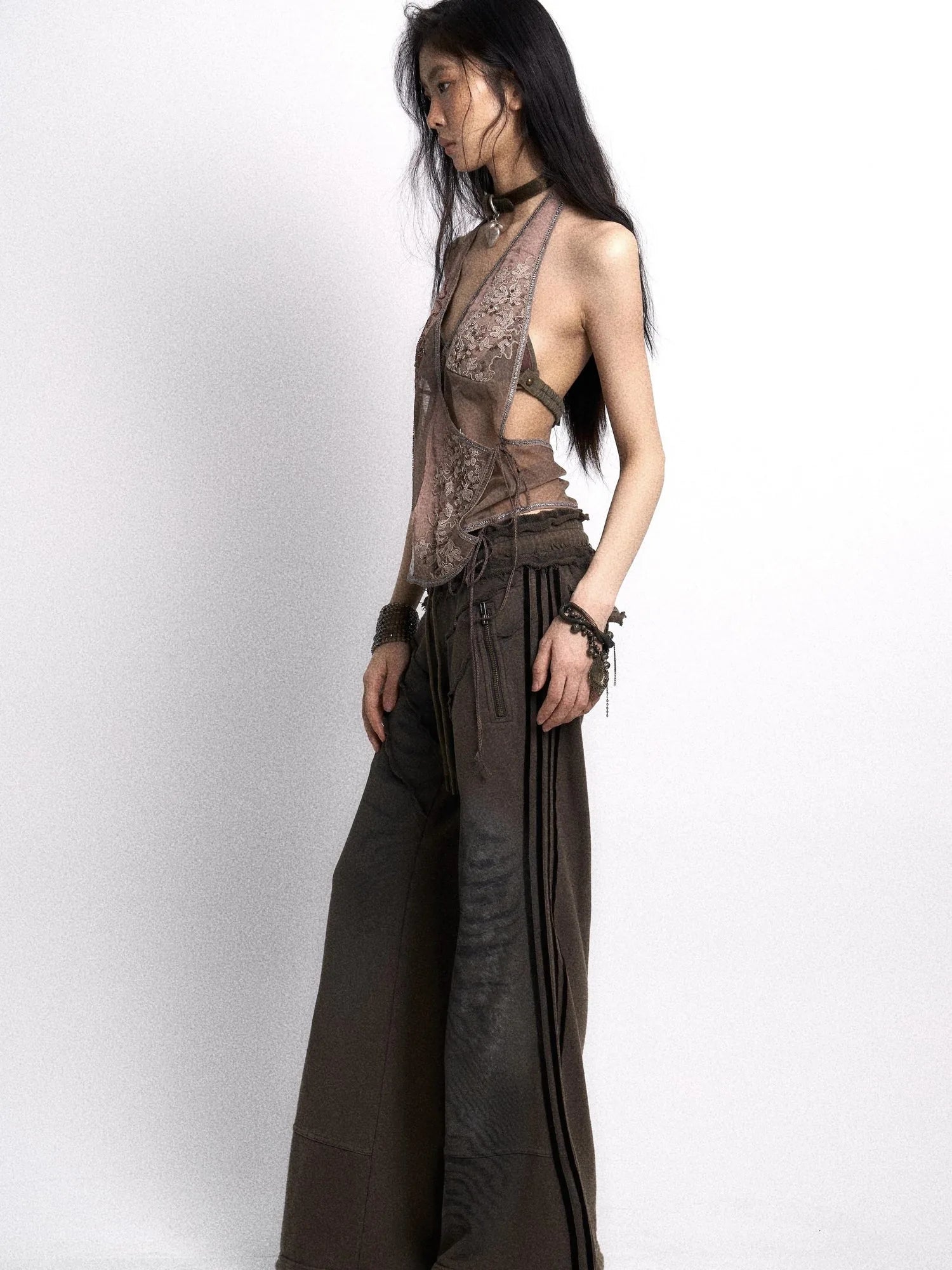 Embroidered Mesh Halter Top With Patchwork