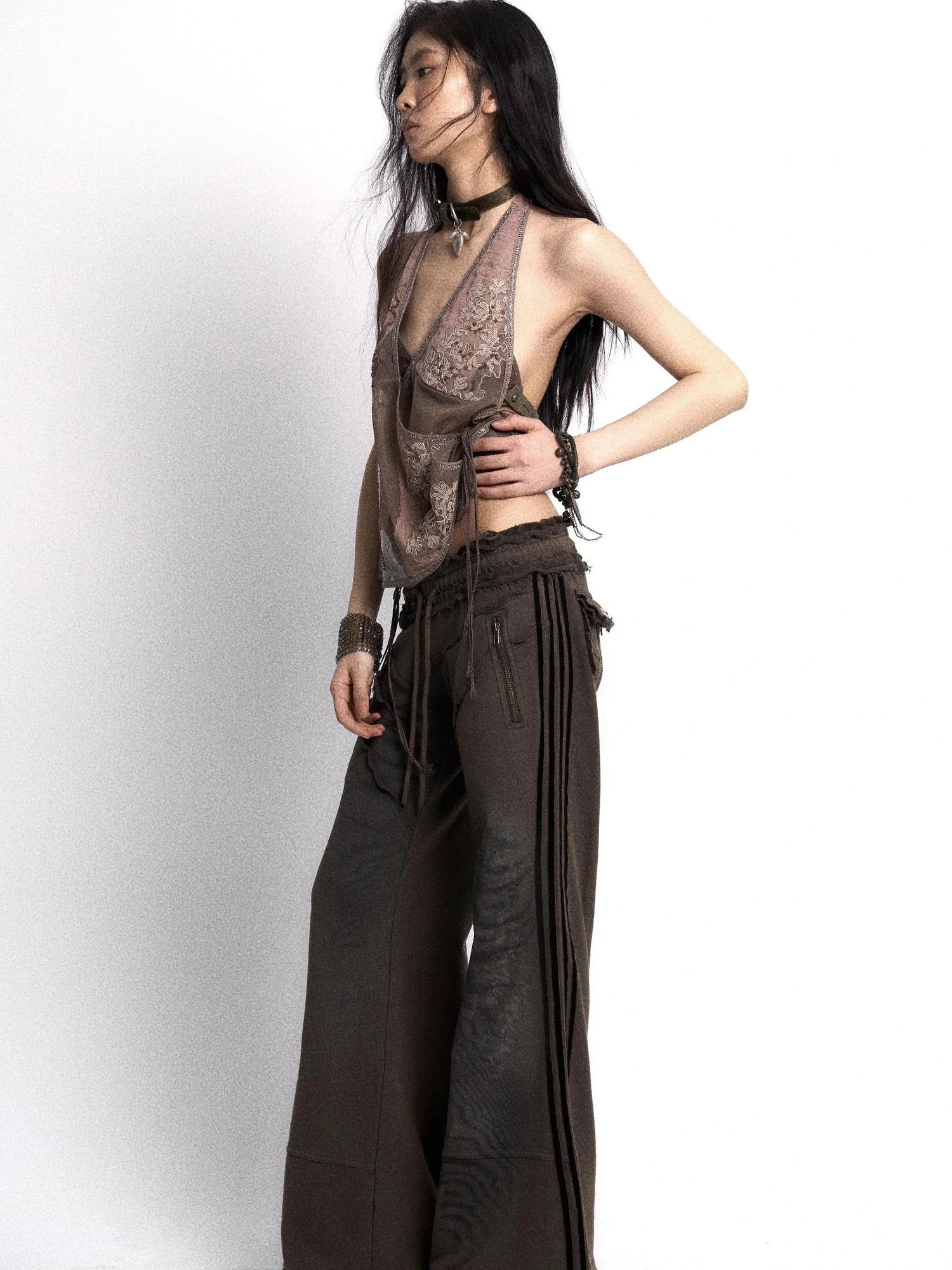 Embroidered Mesh Halter Top With Patchwork