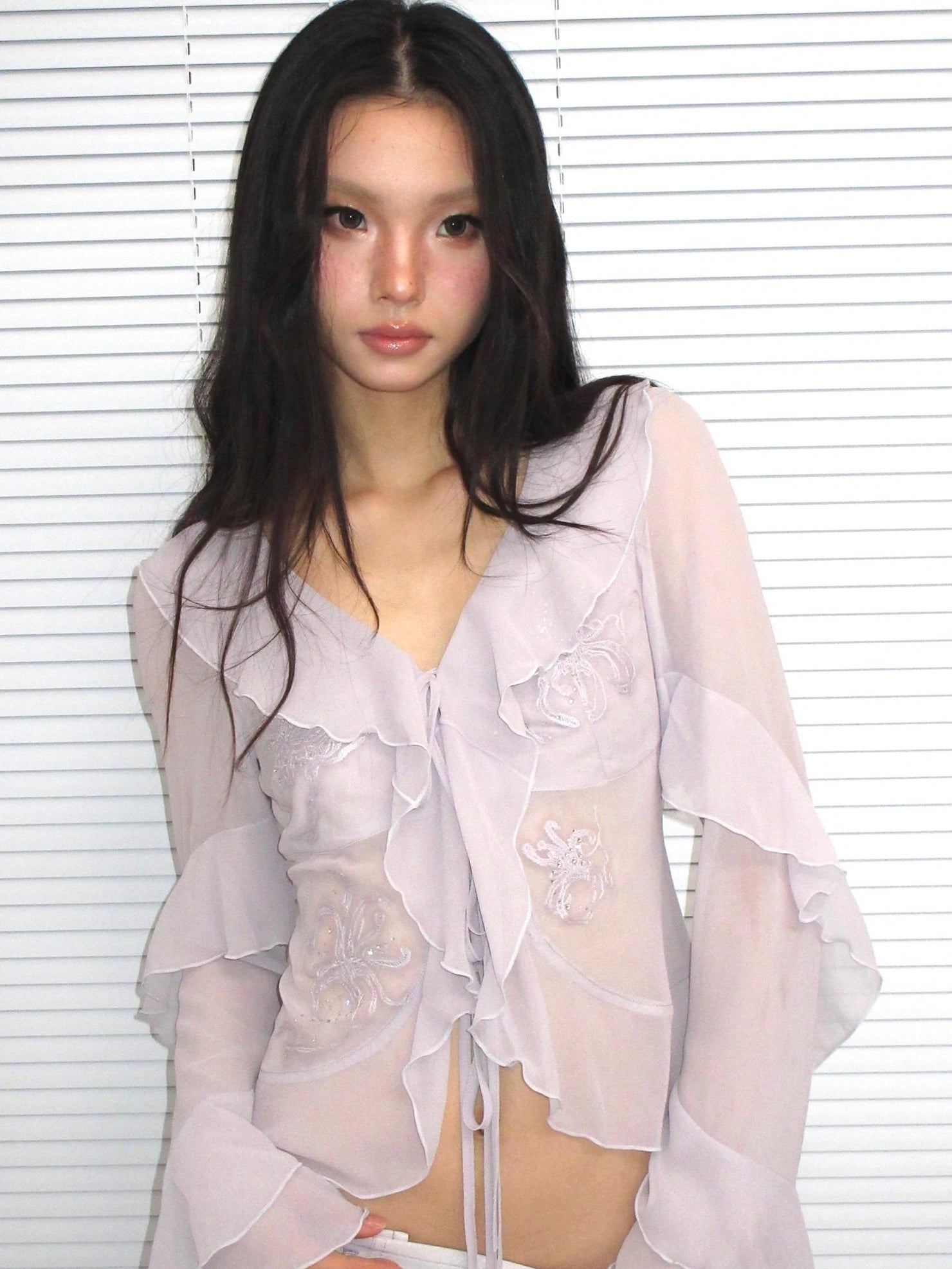OPEN AESTHETIC Embroidered Tie Waist Open Front Long Sleeve Vintage Lavender Gauze Women Shirt