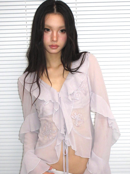 OPEN AESTHETIC Embroidered Tie Waist Open Front Long Sleeve Vintage Lavender Gauze Women Shirt