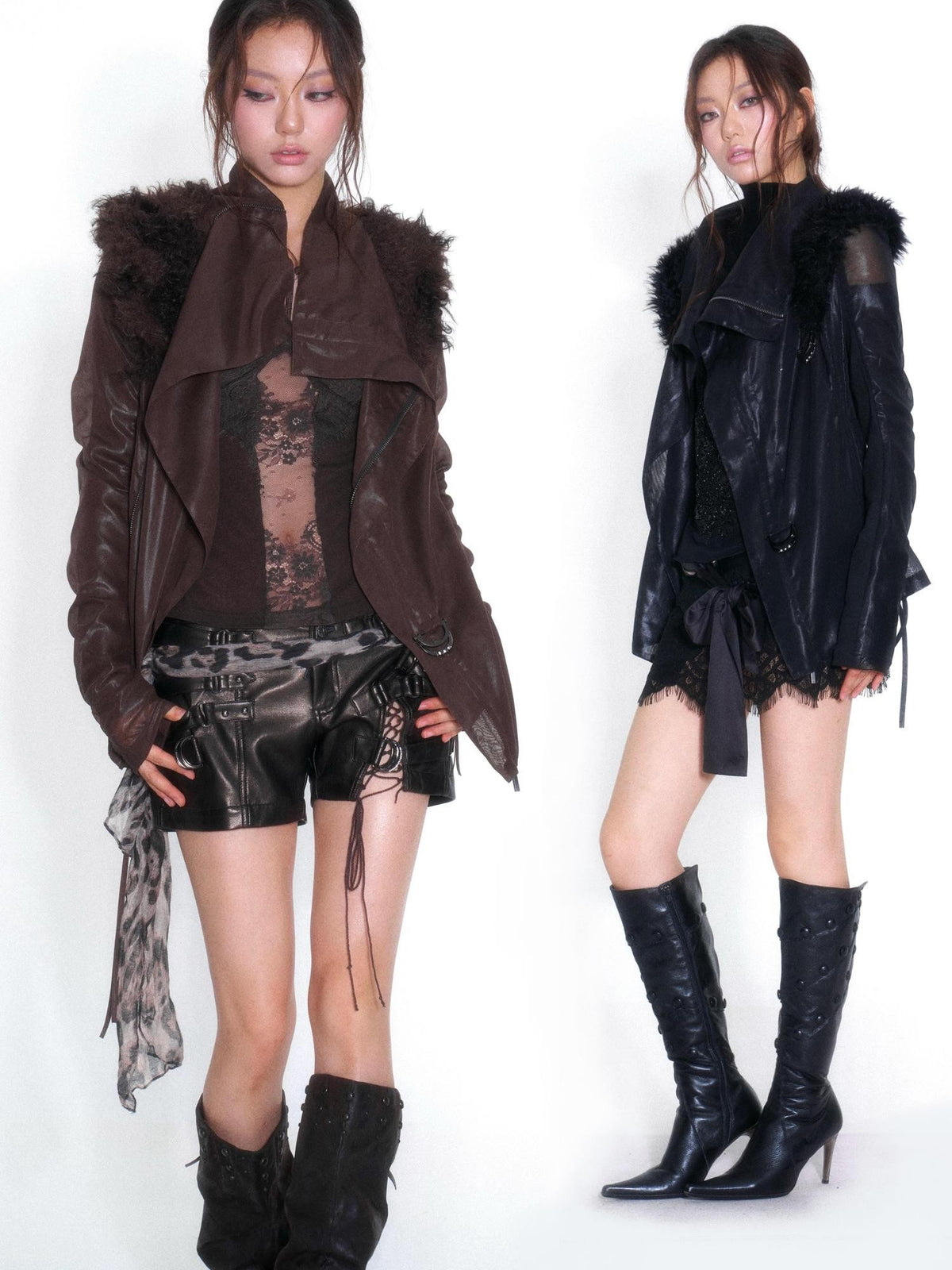 OPEN AESTHETIC Faux Fur Trim Spliced Mock Neck Slim Fit Curved Sleeve Women&