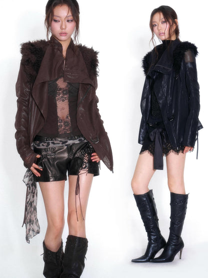OPEN AESTHETIC Faux Fur Trim Spliced Mock Neck Slim Fit Curved Sleeve Women&