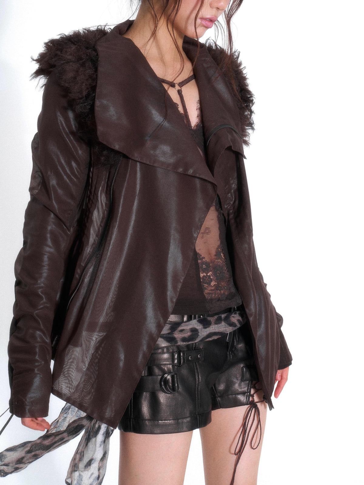 OPEN AESTHETIC Faux Fur Trim Spliced Mock Neck Slim Fit Curved Sleeve Women&