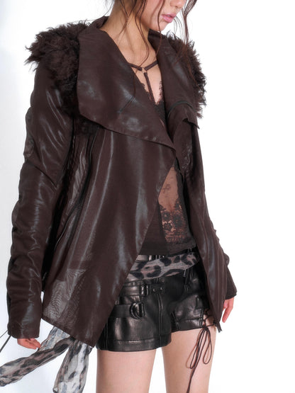 OPEN AESTHETIC Faux Fur Trim Spliced Mock Neck Slim Fit Curved Sleeve Women&