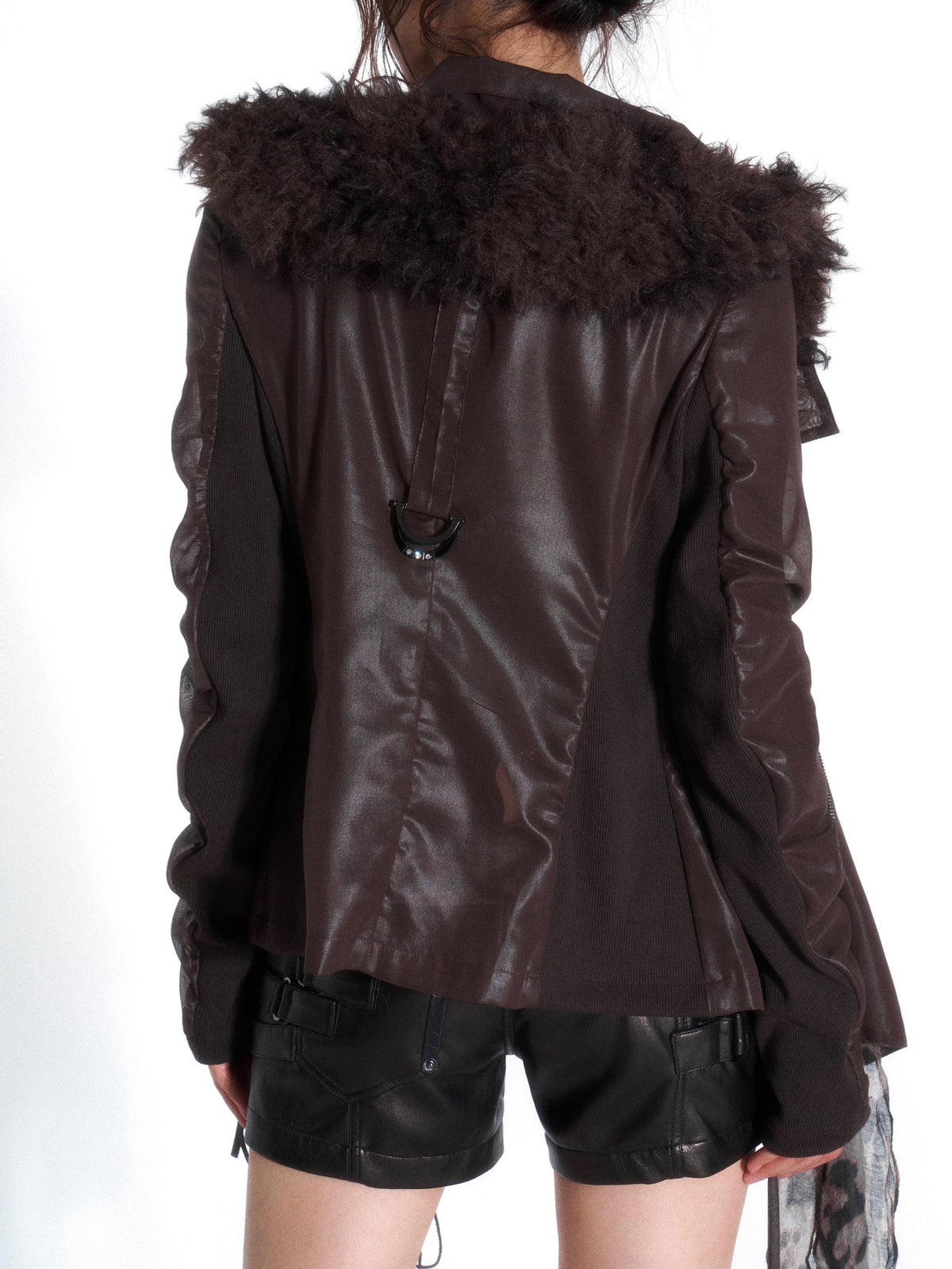 OPEN AESTHETIC Faux Fur Trim Spliced Mock Neck Slim Fit Curved Sleeve Women&