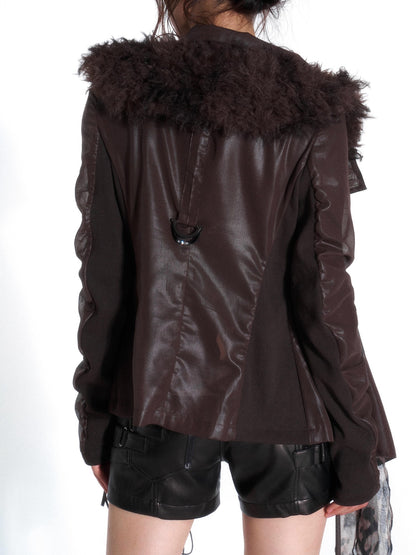 OPEN AESTHETIC Faux Fur Trim Spliced Mock Neck Slim Fit Curved Sleeve Women&