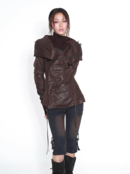 OPEN AESTHETIC Faux Fur Trim Spliced Mock Neck Slim Fit Curved Sleeve Women&