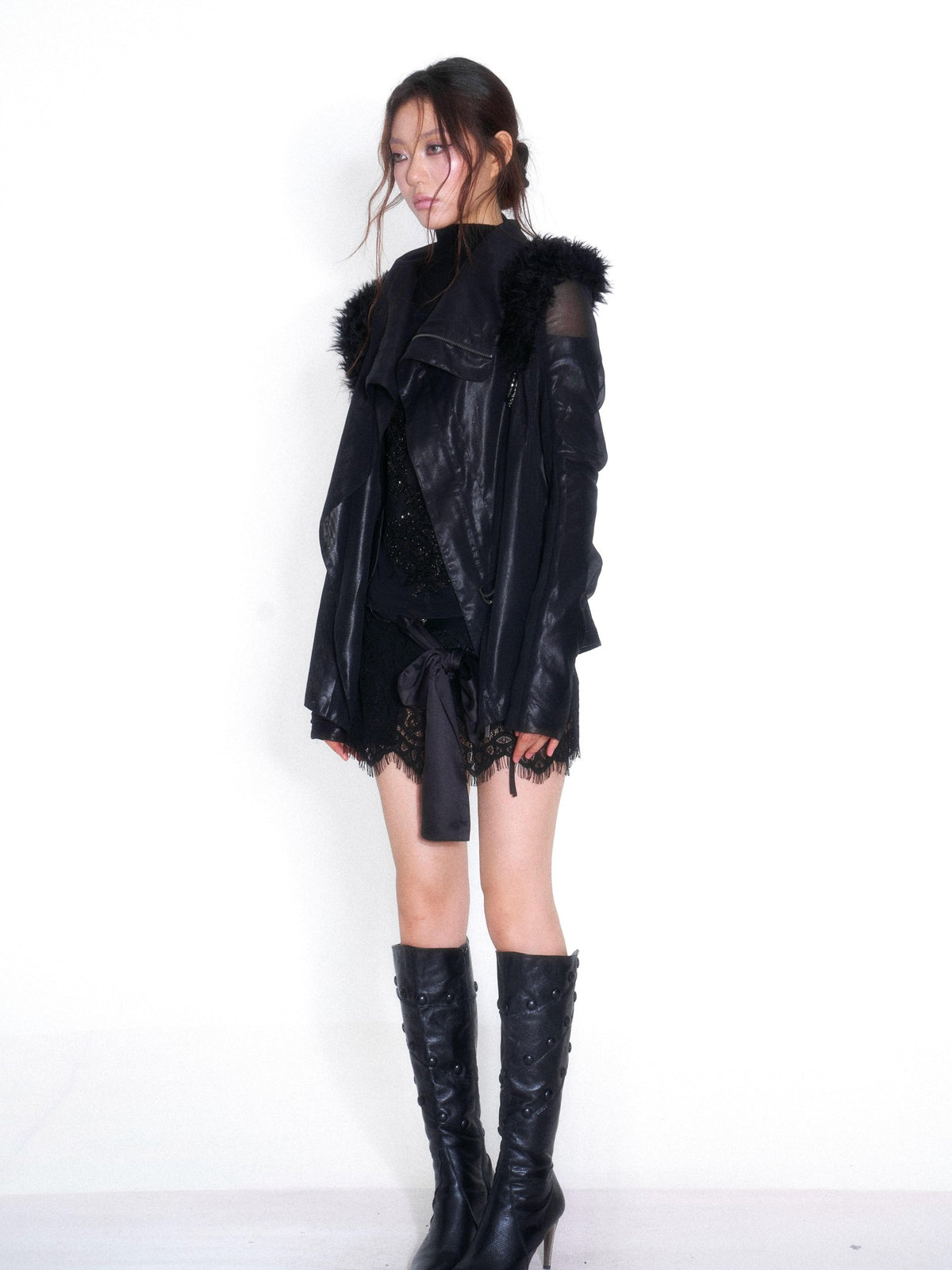 OPEN AESTHETIC Faux Fur Trim Spliced Mock Neck Slim Fit Curved Sleeve Women&