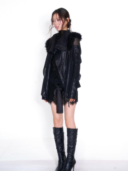 OPEN AESTHETIC Faux Fur Trim Spliced Mock Neck Slim Fit Curved Sleeve Women&