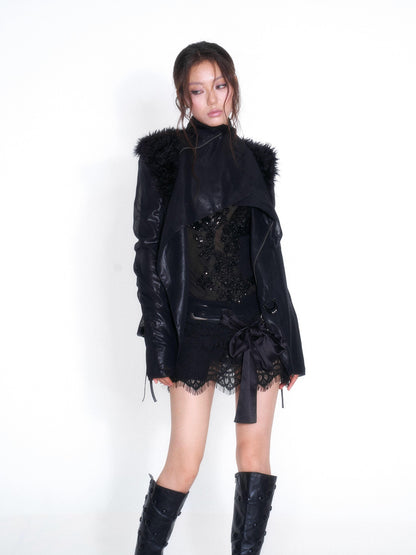 OPEN AESTHETIC Faux Fur Trim Spliced Mock Neck Slim Fit Curved Sleeve Women&