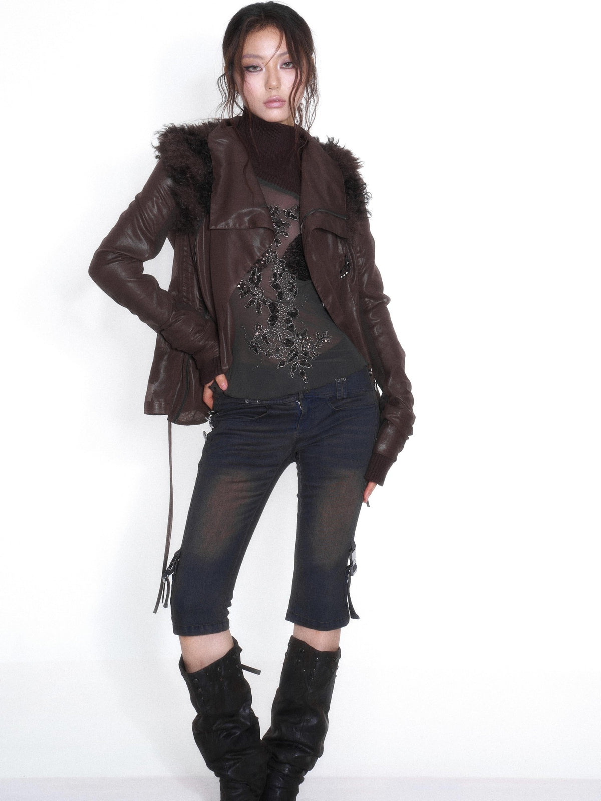 OPEN AESTHETIC Faux Fur Trim Spliced Mock Neck Slim Fit Curved Sleeve Women&