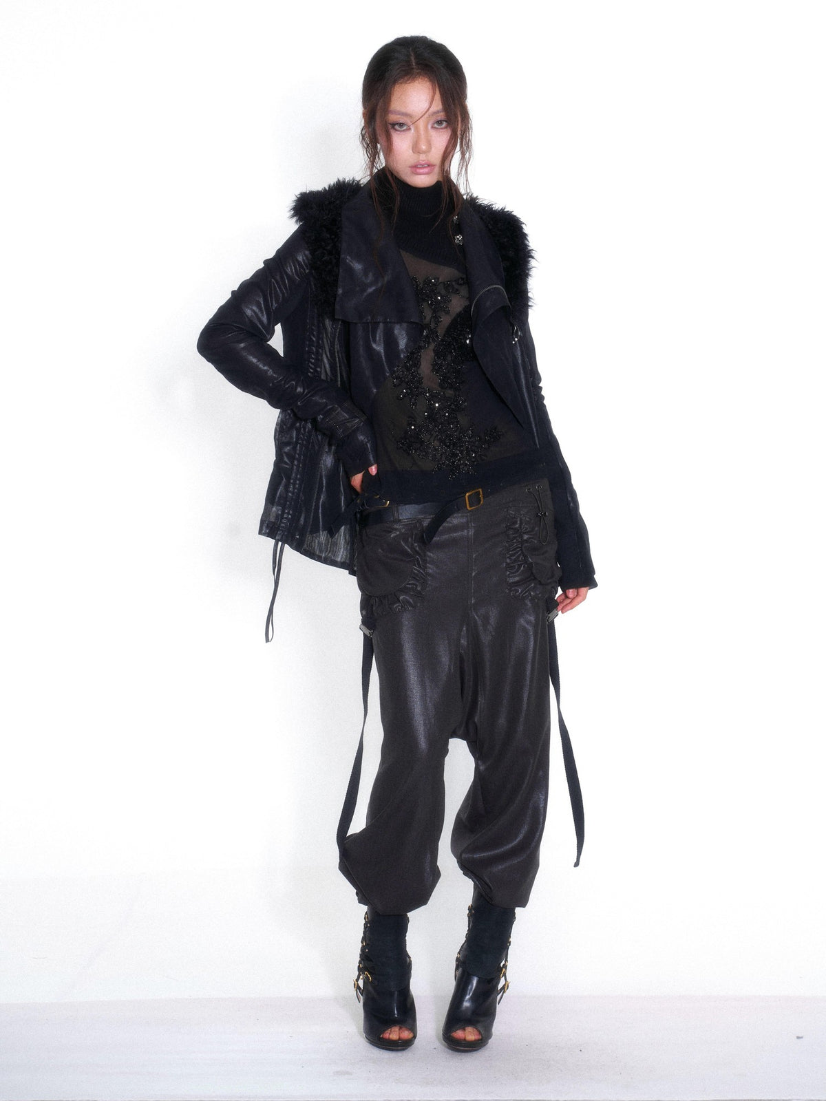 OPEN AESTHETIC Faux Fur Trim Spliced Mock Neck Slim Fit Curved Sleeve Women&