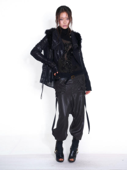 OPEN AESTHETIC Faux Fur Trim Spliced Mock Neck Slim Fit Curved Sleeve Women&