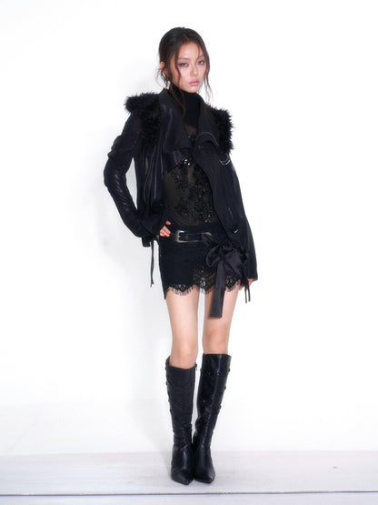OPEN AESTHETIC Faux Fur Trim Spliced Mock Neck Slim Fit Curved Sleeve Women&