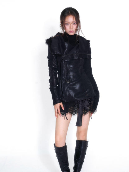 OPEN AESTHETIC Faux Fur Trim Spliced Mock Neck Slim Fit Curved Sleeve Women&