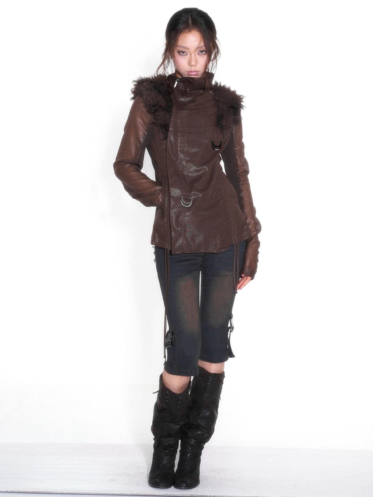 OPEN AESTHETIC Faux Fur Trim Spliced Mock Neck Slim Fit Curved Sleeve Women&