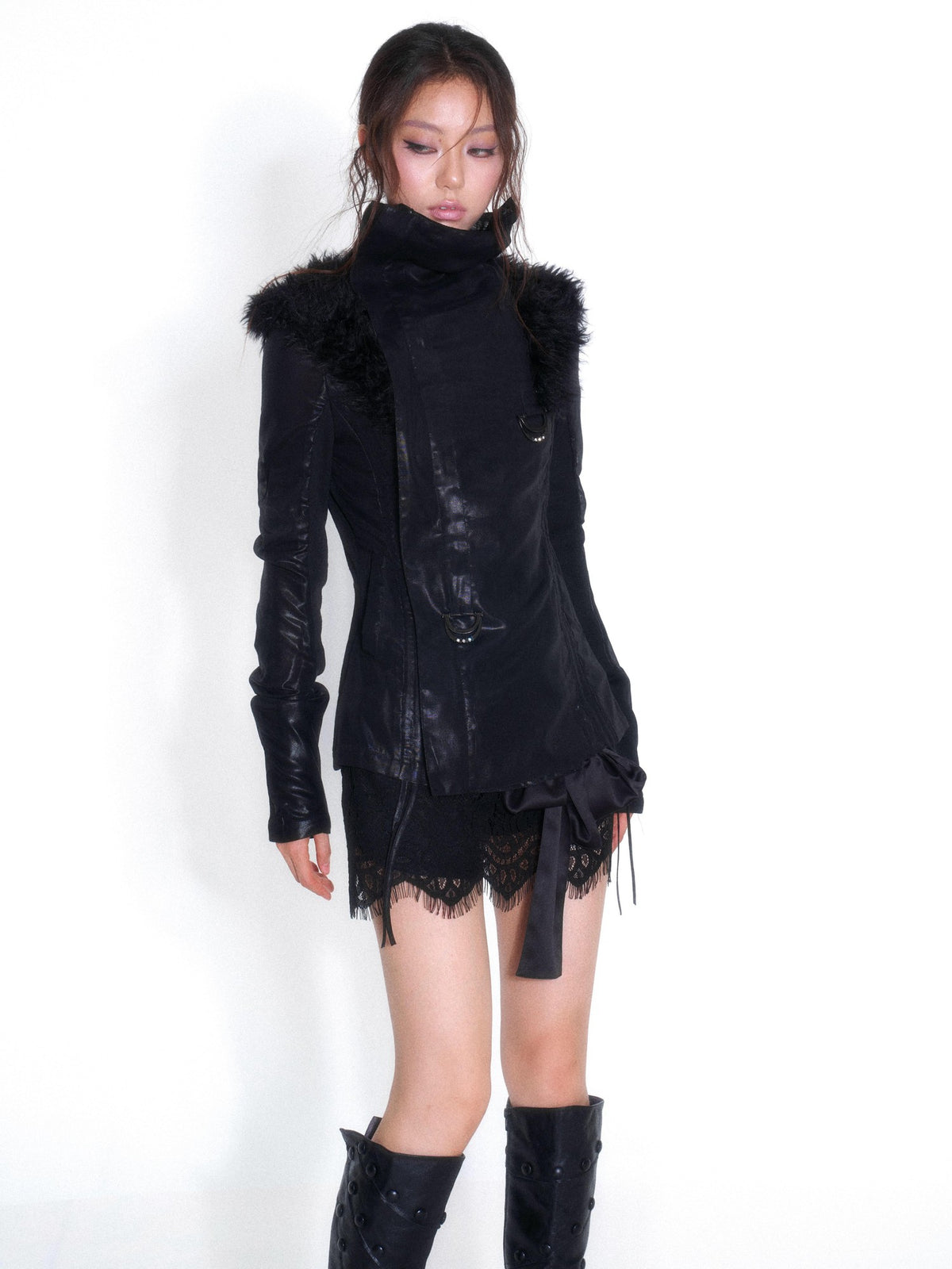 OPEN AESTHETIC Faux Fur Trim Spliced Mock Neck Slim Fit Curved Sleeve Women&