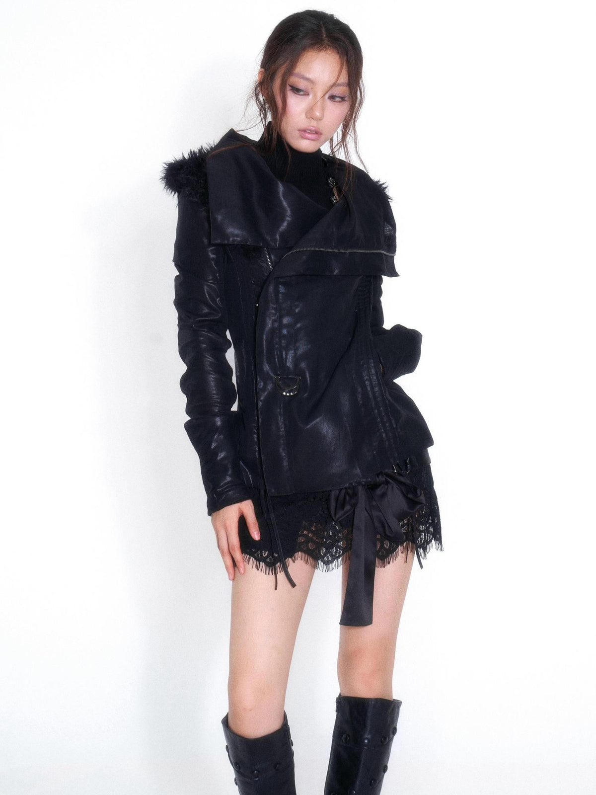 OPEN AESTHETIC Faux Fur Trim Spliced Mock Neck Slim Fit Curved Sleeve Women&
