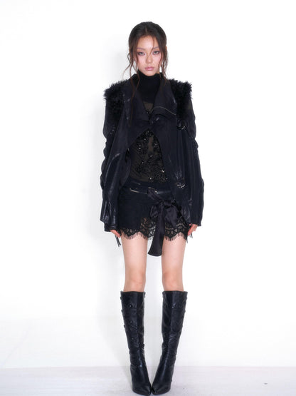 OPEN AESTHETIC Faux Fur Trim Spliced Mock Neck Slim Fit Curved Sleeve Women&
