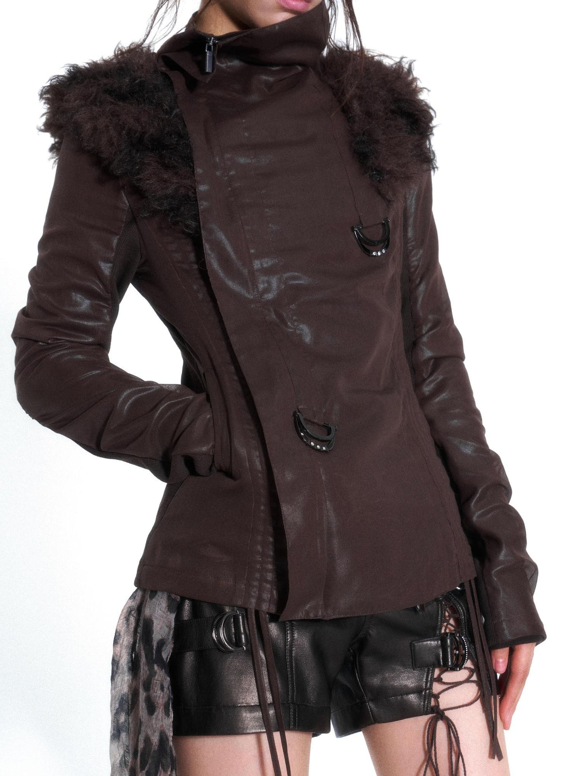 OPEN AESTHETIC Faux Fur Trim Spliced Mock Neck Slim Fit Curved Sleeve Women&