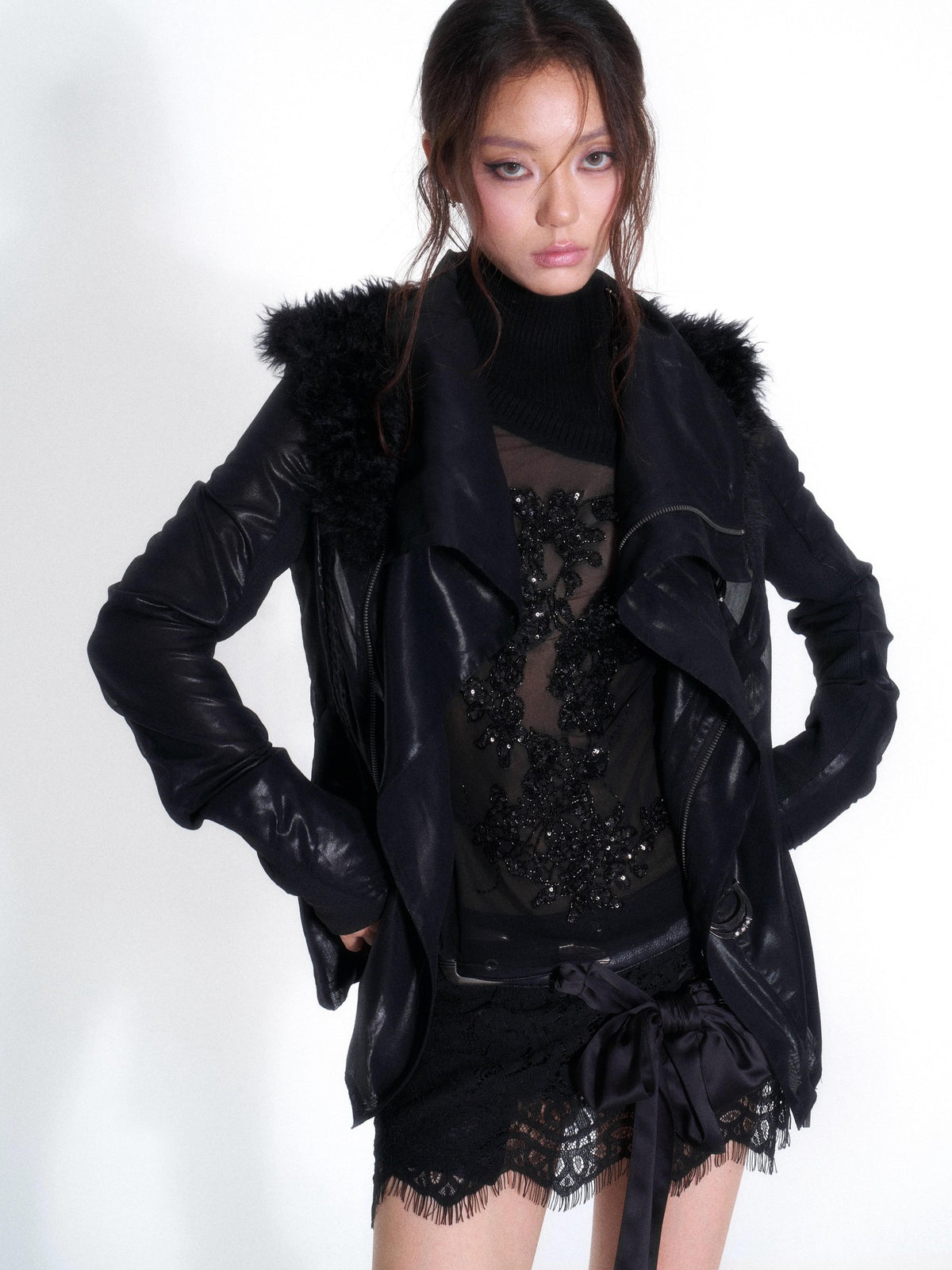 OPEN AESTHETIC Faux Fur Trim Spliced Mock Neck Slim Fit Curved Sleeve Women&