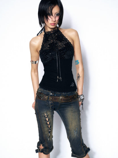 OPEN AESTHETIC Floral Lace Halter Strappy Slim Women&