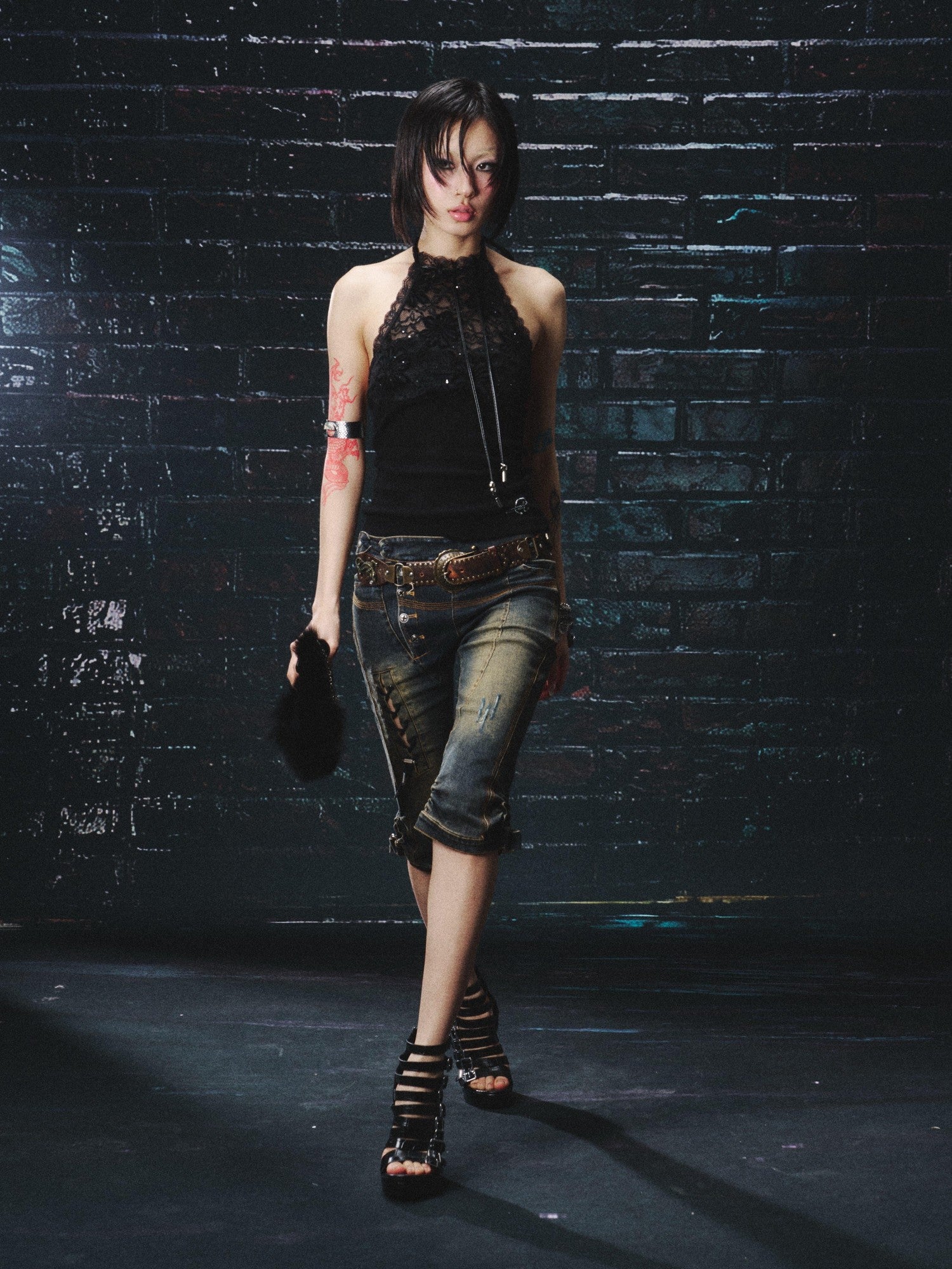 OPEN AESTHETIC Floral Lace Halter Strappy Slim Women&