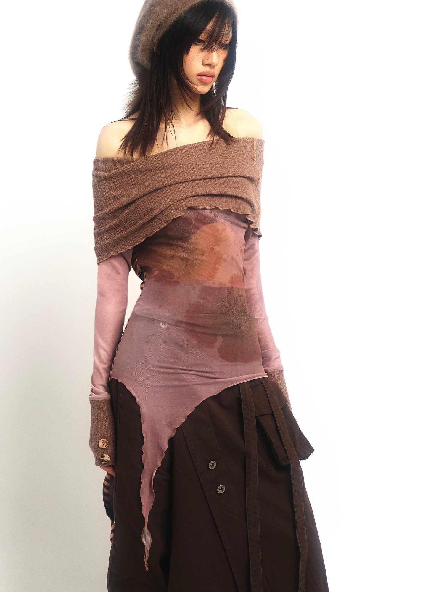 Update OPEN AESTHETIC Floral Mesh Knit Top with Convertible Collar and Reverse Wear