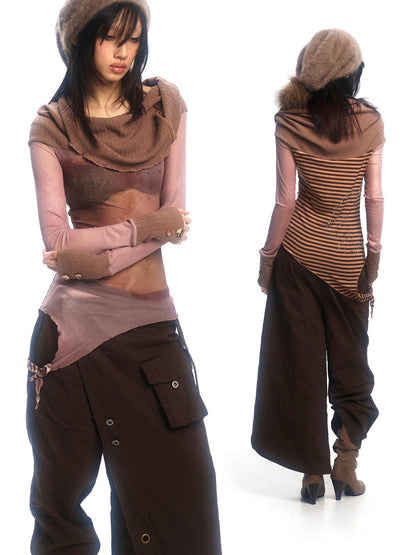 Update OPEN AESTHETIC Floral Mesh Knit Top with Convertible Collar and Reverse Wear