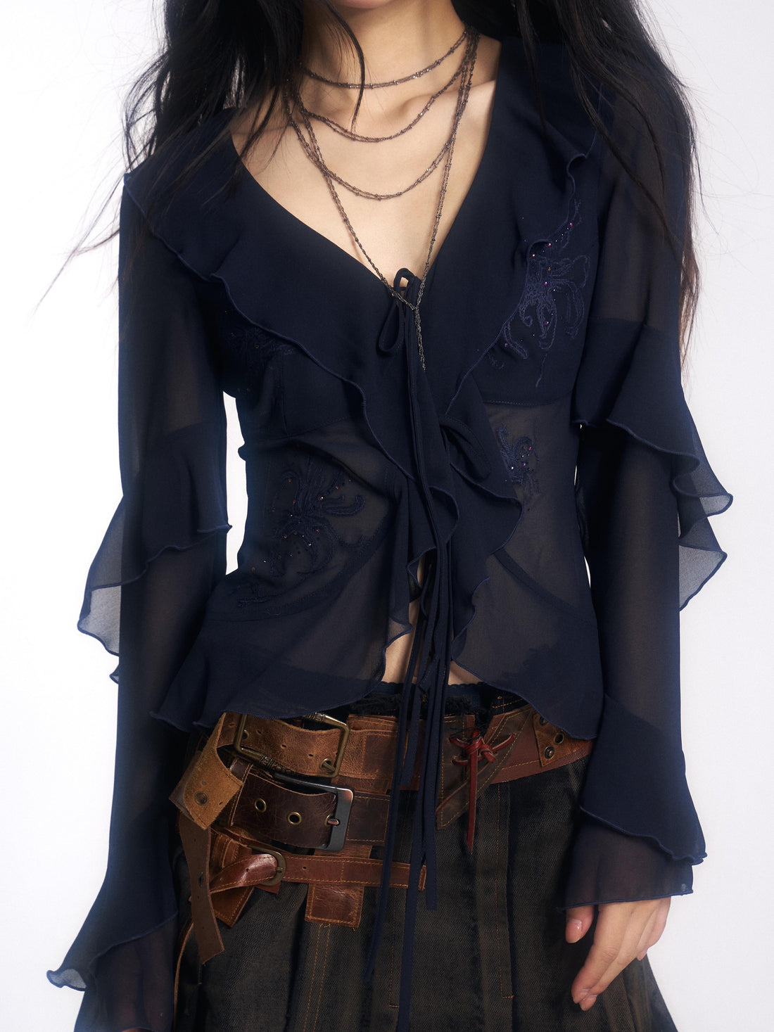 Update OPEN AESTHETIC French Vintage Embroidered Crystal Satin Blouse 2025 A W