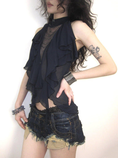 OPEN AESTHETIC Gold Foil Lace Splice Distressed Low Rise Women&