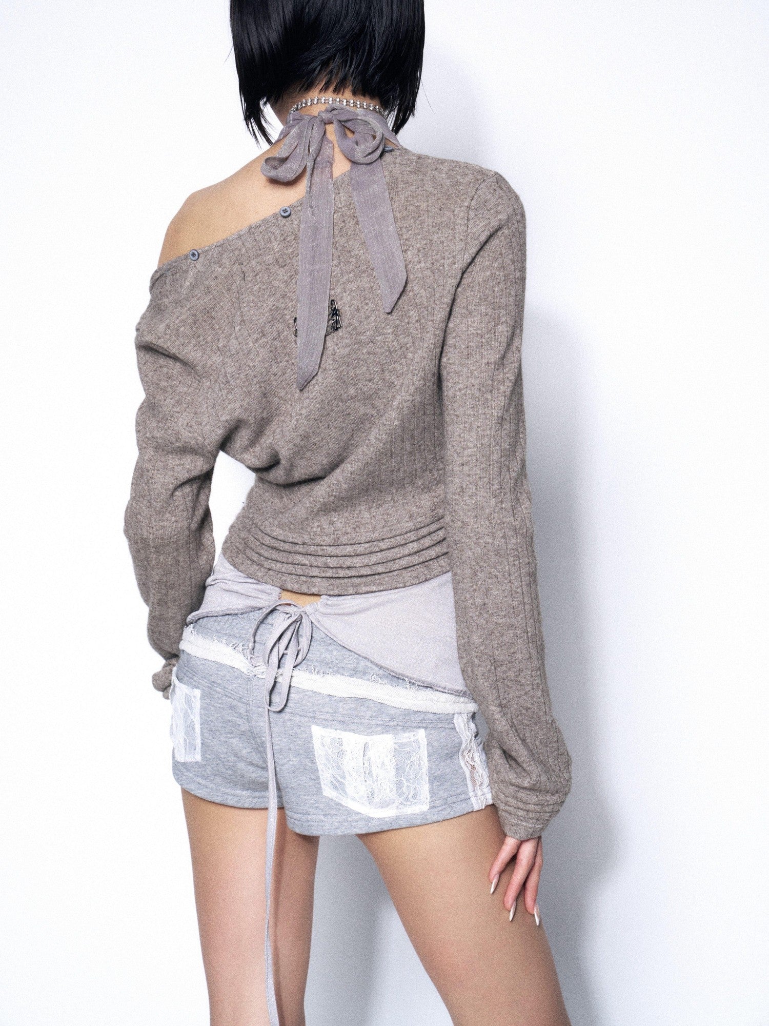 OPEN AESTHETIC Gray Detachable Fur Collar Slim Fit Cropped Women&